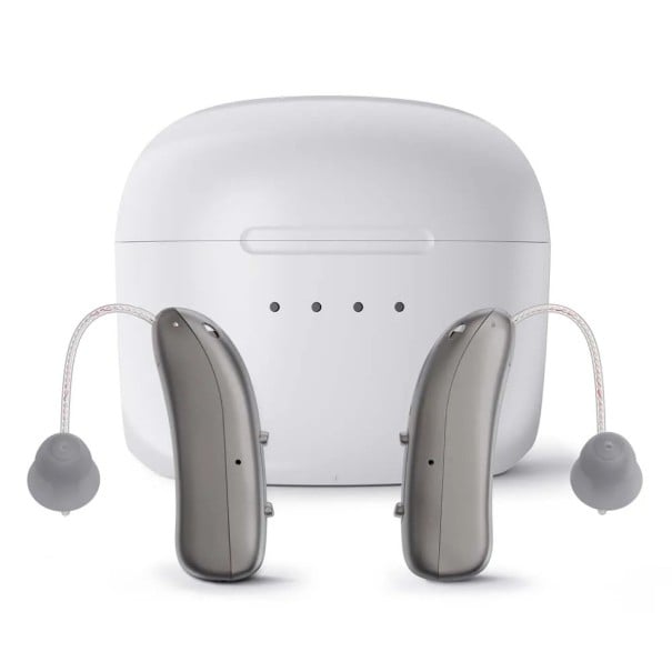 Naslouchátka Bluetooth za ucho do obou uší s nabíjecím pouzdrem 33 x 7 mm stříbrná na poslech hudby i hovory pro seniory a nedoslýchavé 1