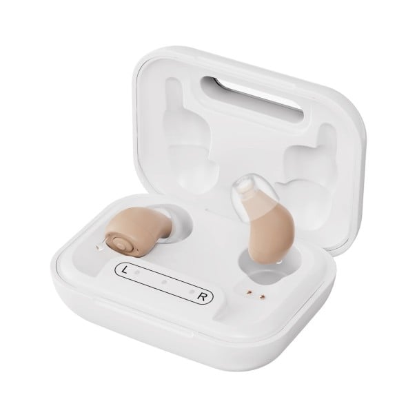 Naslouchátka mini do uší s nabíjecím pouzdrem 2,3 x 1,2 x 0,9 cm zesílení 31 dB frekvence 290 až 4500 Hz béžová pro seniory a nedoslýchavé 1