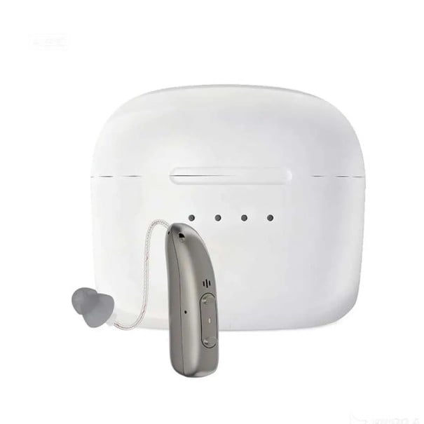 Naslouchátko Bluetooth za ucho do levého ucha s nabíjecím pouzdrem 33 x 7 mm stříbrné na poslech hudby i hovory pro seniory a nedoslýchavé 1