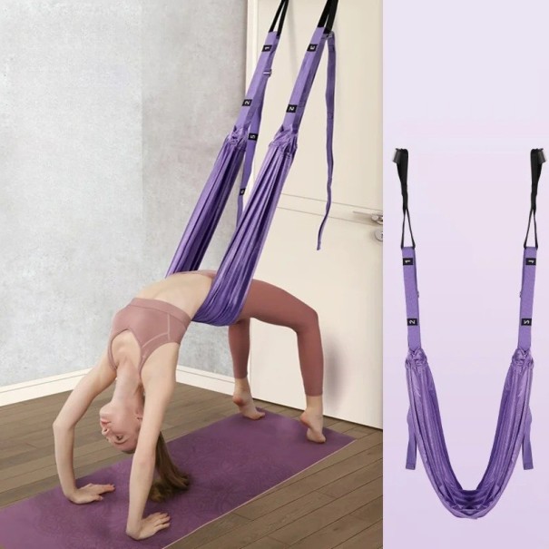 Nastaviteľný závesný popruh na vzdušnú jogu Pretiahnutie nôh a šnúr Farebný popruh na jogu, fitness a domáce cvičenie fialová