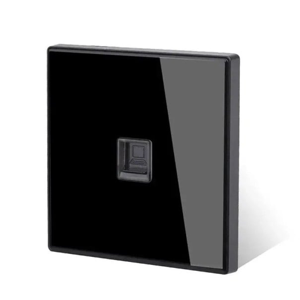 Nástěnná datová zásuvka RJ45 pro počítačovou síť, panel z tvrzeného skla 8,6 x 8,6 cm, plastové tělo, černá, pro podomítkovou krabici 1