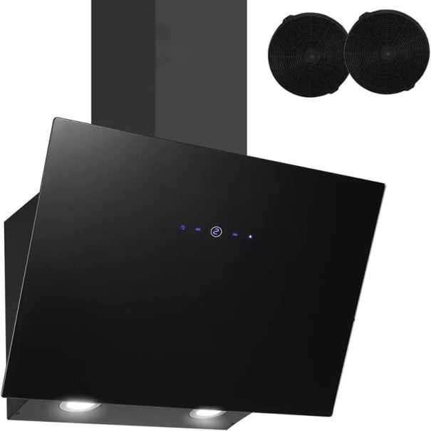 Nástěnná digestoř šikmá 550 m³/h 38,5 x 59,5 x 73,5 cm černé sklo s dotykovým ovládáním a LED osvětlením energetická třída A++ do kuchyně 1