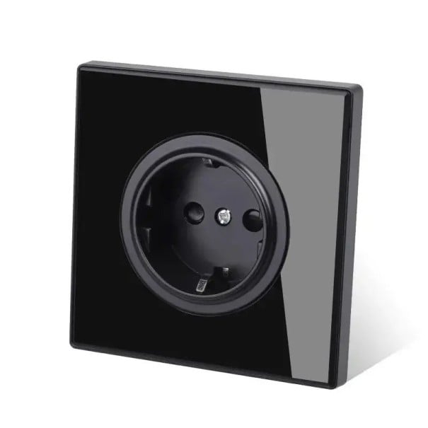 Nástěnná zásuvka 230 V s panelem z tvrzeného skla 8,6 x 8,6 cm, 16 A, plastové tělo, černá, pro podomítkovou krabici E