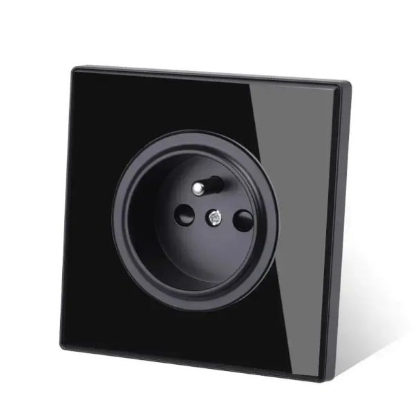 Nástenná zásuvka 230 V s panelom z tvrdeného skla 8,6 x 8,6 cm, 16 A, plastové telo, čierna, pre podomítkovú krabicu F
