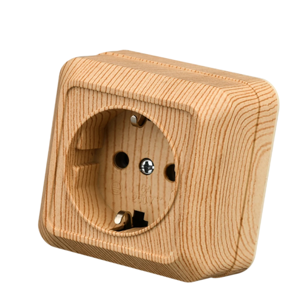 Nástenná zásuvka s uzemnením EU Schuko 16 A 250 V, 64 × 64 mm, nehorľavý plast s imitáciou dreva, farba svetlé drevo, povrchová montáž 1