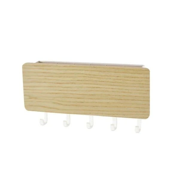 Nástěnný držák na klíče s háčky 18x3x9,5 cm bambusové dřevo a ABS+PC konstrukce pro organizaci klíčů v předsíni bílá
