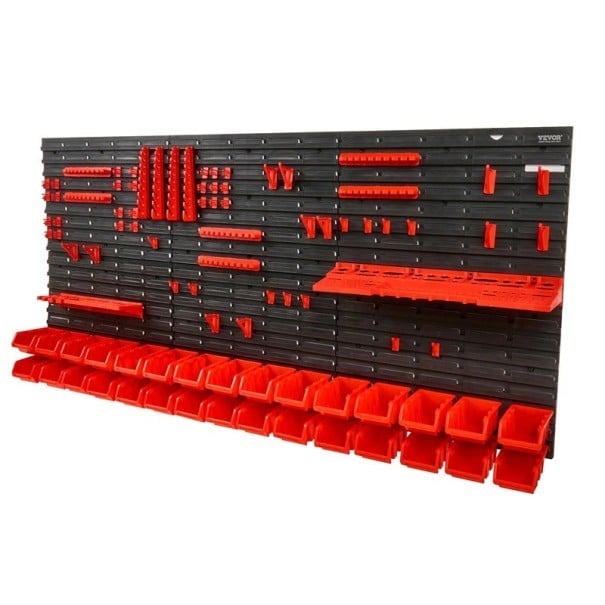 Nástěnný organizér na nářadí a spojovací materiál s panely háčky a 30 boxy o rozměrech 172 x 77,5 x 17 cm v černočerveném provedení 1