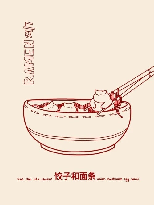 Nástenný plagát s ilustráciou mačiek v miske ramen 30x42 cm plátno bez rámu červená kresba na béžovom pozadí dekorácia