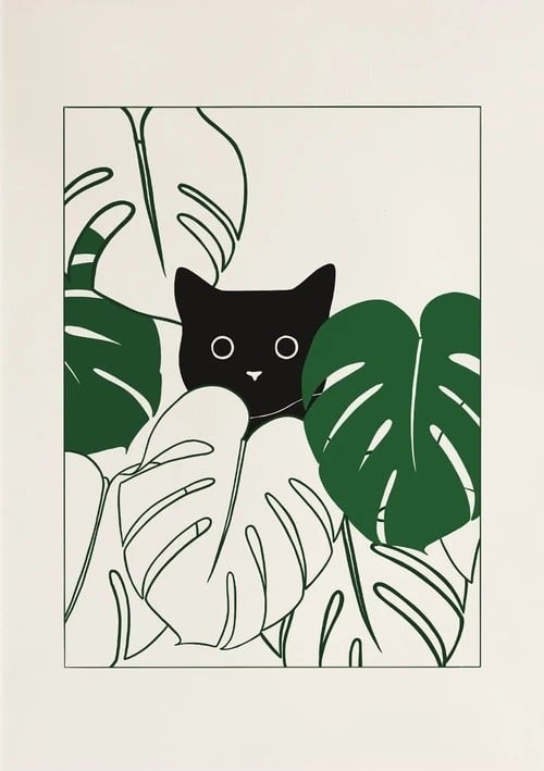 Nástenný plagát s ilustráciou mačky medzi listami 30x42 cm plátno bez rámu čierna a zelená kresba na béžovom pozadí dekorácia