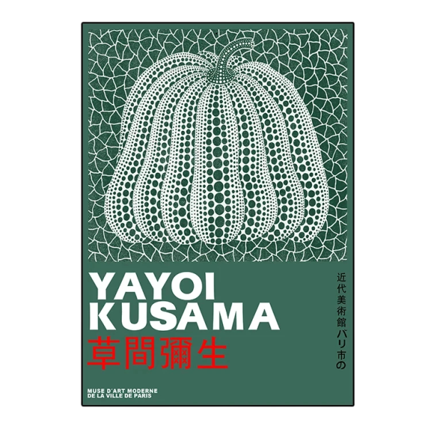 Nástěnný plakát dýně Yayoi Kusama 20 x 30 cm tisk na plátno zelený podklad bílý tečkový motiv bez rámu dekorace do bytu 1