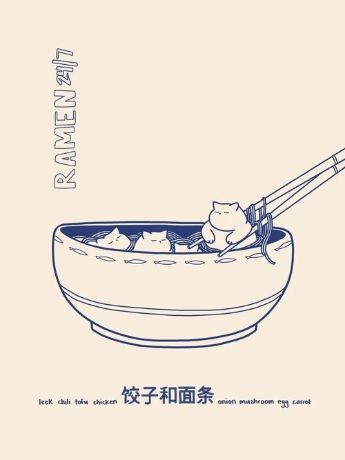 Nástěnný plakát s ilustrací koček v misce ramen 20x30 cm plátno bez rámu béžová a modrá dekorace do kuchyně i jídelny 1
