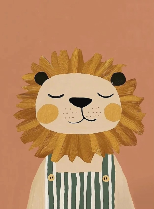 Nástěnný plakát s malbou lva 30x40 cm plátno bez rámu hnědá béžová oranžová dekorace na zeď do dětského pokoje 1