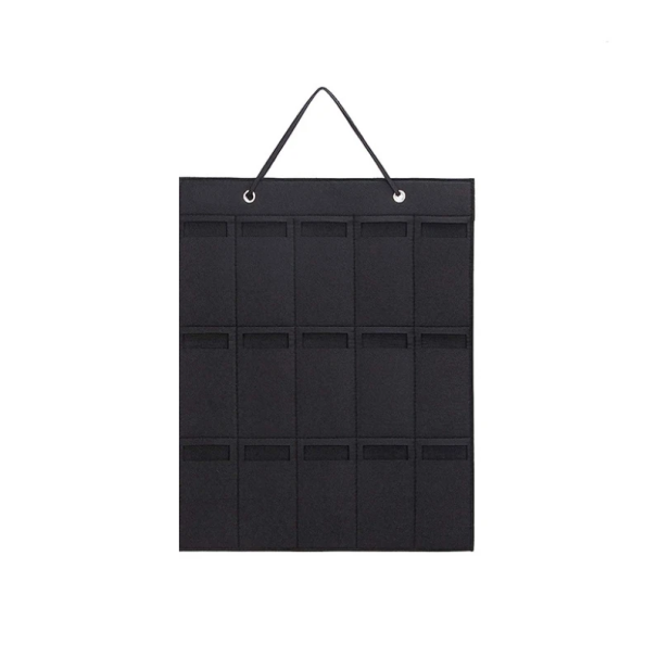Nástenný skládací organizér na okuliare 50 x 40 cm 15 vreciek Zvislý závesný držiak na okuliare Úložný systém pre domácnosť čierna
