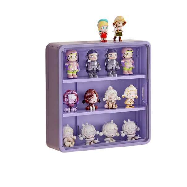 Nástěnný úložný box na figurky přísavný 30 x 8 x 30 cm PP plast pro organizaci a vystavení dekorací a sběratelských figurek fialová