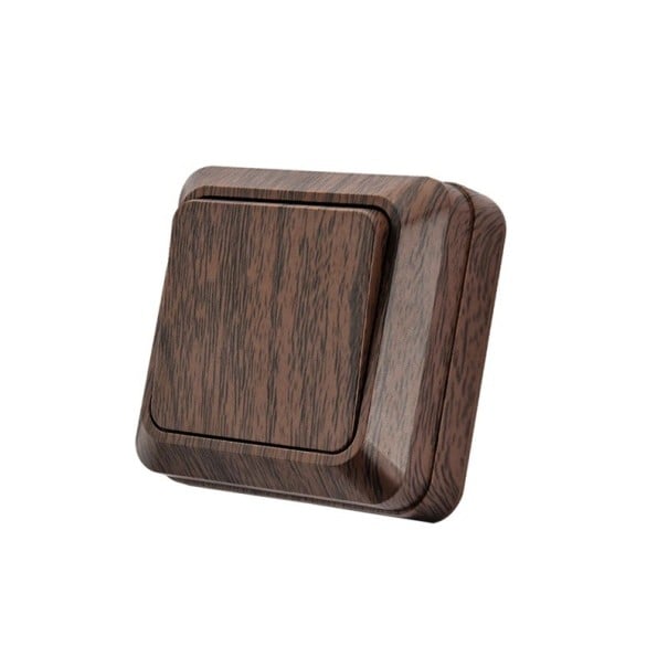 Nástěnný vypínač jednoklapkový, povrchová montáž 69x69x34 mm, plast zpomalující hoření, hnědý dřevodekor, do chodby, ložnice i koupelny 1