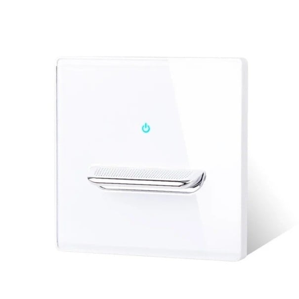 Nástenný vypínač s 1 tlačítkom, panel z tvrdeného skla 8,6 x 8,6 cm, 250 V, 16 A, LED kontrolka, pre podomítkovú krabicu biela