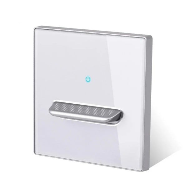 Nástenný vypínač s 1 tlačítkom, panel z tvrdeného skla 8,6 x 8,6 cm, 250 V, 16 A, LED kontrolka, pre podomítkovú krabicu strieborná