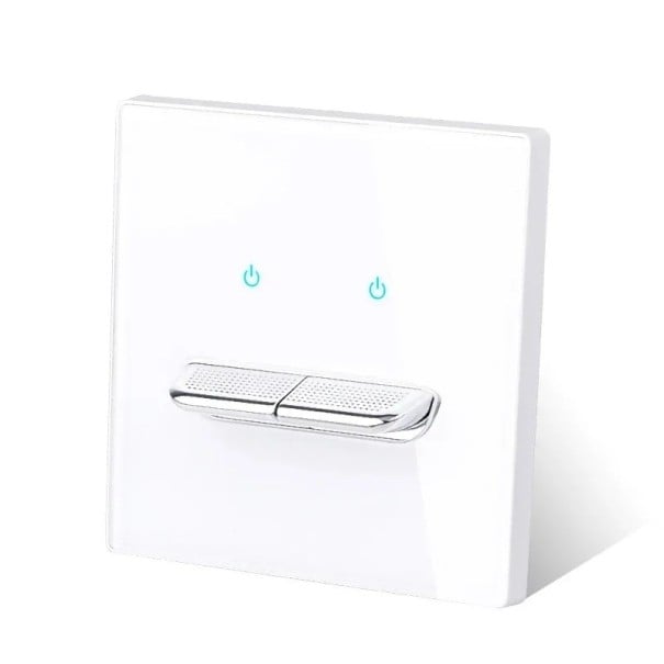 Nástenný vypínač s 2 tlačidlami, panel z tvrdeného skla 8,6 x 8,6 cm, 250 V, 16 A, LED kontrolky, pre podomítkovú krabicu biela
