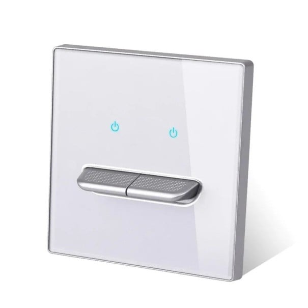Nástenný vypínač s 2 tlačidlami, panel z tvrdeného skla 8,6 x 8,6 cm, 250 V, 16 A, LED kontrolky, pre podomítkovú krabicu strieborná