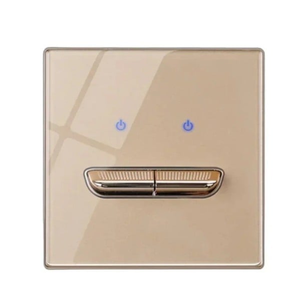 Nástenný vypínač s 2 tlačidlami, panel z tvrdeného skla 8,6 x 8,6 cm, 250 V, 16 A, LED kontrolky, pre podomítkovú krabicu zlatá
