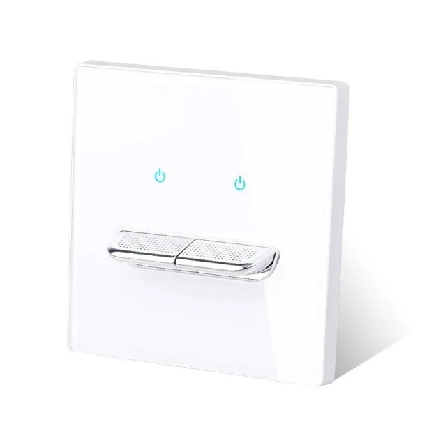 Nástěnný vypínač s 2 tlačítky, panel z tvrzeného skla 8,6 x 8,6 cm, 250 V, 16 A, LED kontrolky, pro podomítkovou krabici bílá