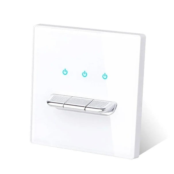 Nástenný vypínač s 3 tlačidlami, panel z tvrdeného skla 8,6 x 8,6 cm, 250 V, 16 A, LED kontrolky, pre podomítkovú krabicu biela