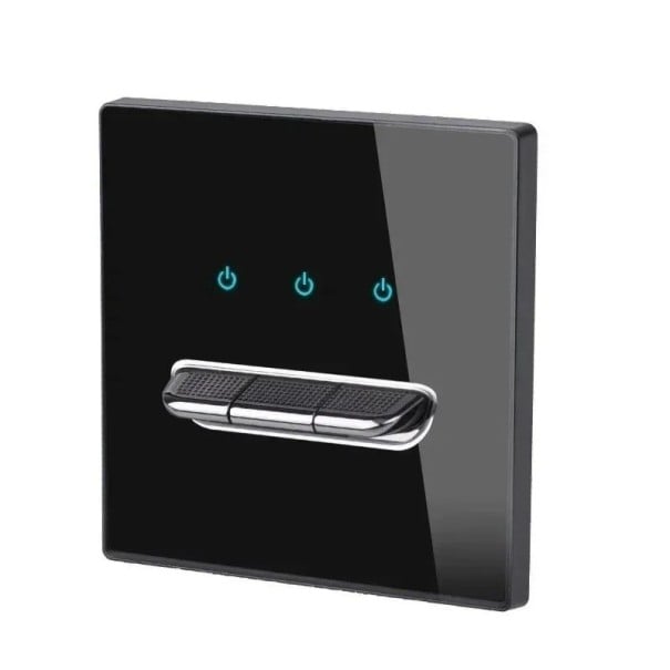 Nástenný vypínač s 3 tlačidlami, panel z tvrdeného skla 8,6 x 8,6 cm, 250 V, 16 A, LED kontrolky, pre podomítkovú krabicu čierna