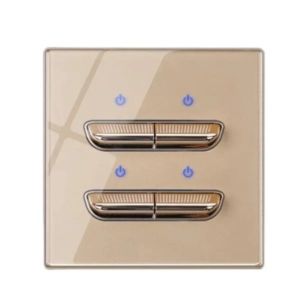 Nástenný vypínač s 4 tlačidlami, panel z tvrdeného skla 8,6 x 8,6 cm, 250 V, 16 A, LED kontrolky, pre podomítkovú krabicu zlatá