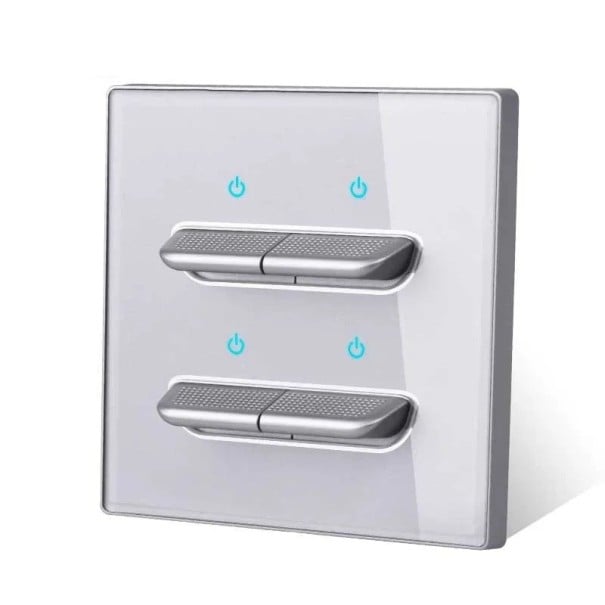 Nástěnný vypínač s 4 tlačítky, panel z tvrzeného skla 8,6 x 8,6 cm, 250 V, 16 A, LED kontrolky, pro podomítkovou krabici stříbrná