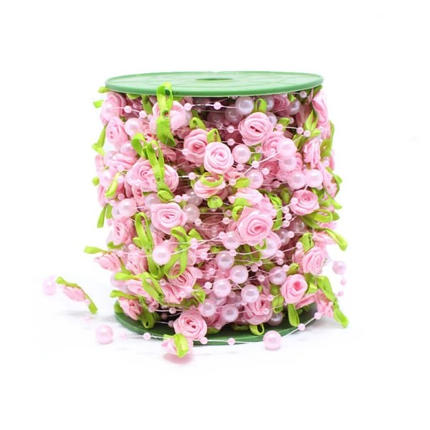 Nastro con rose e perle 3 cm x 2 m Nastro decorativo in pizzo Decorazioni per matrimoni vintage Nastro elegante per regali Nastro in tessuto decorativo rosa