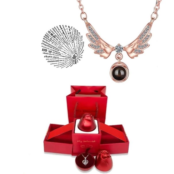 Naszyjnik projekcyjny Zestaw Skrzydła Łańcuch tytanowy Projekcja Kocham Cię w 100 językach Pudełko prezentowe w kształcie róży Rose gold
