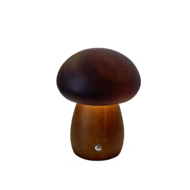 Nattlampa i trä med svampmotiv, 11 x 8,5 cm, dimbar och uppladdningsbar LED-lampa, 3 färger, sängbordsdekoration mörkbrun
