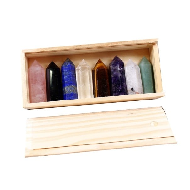 Natürliche Mineralien in einer Holzbox Set von Steinen in Form von Spitzen Amethyst Rosenquarz Obsidian Tigerauge Aventurin Größe der Steine 4 bis 5 1