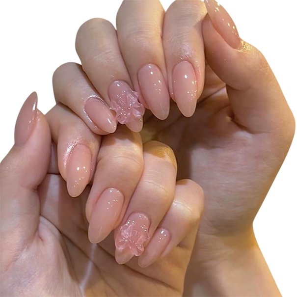 Naturligt set med konstgjorda naglar Mandelform Nude nyans Fina rosetter 12 storlekar Eleganta realistiska tips 24 st 1