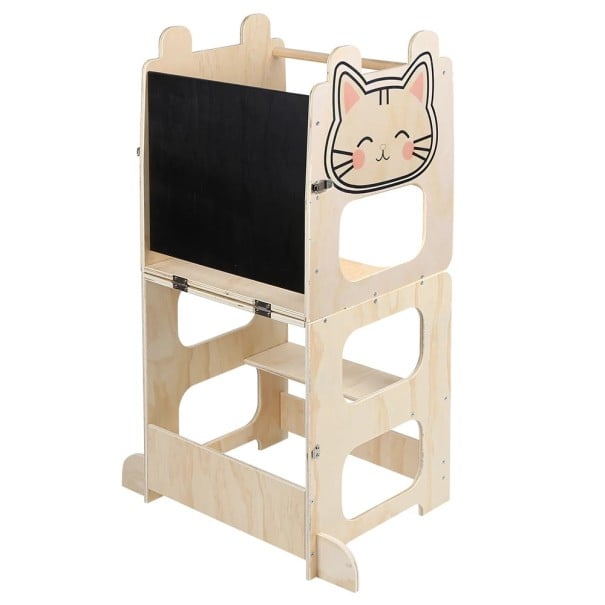 Naučná kuchyňská věž 3v1 s kočkou a tabulí 92 x 41 cm s madlem plnými boky a schůdky měnitelná na stolek se sedátkem v přírodním dřevě 1