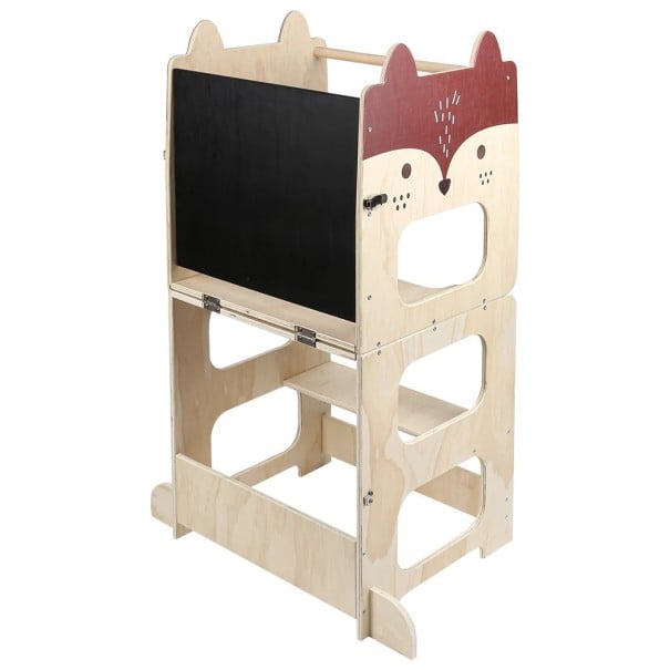 Naučná Montessori věž 3v1 s motivem lišky 92 x 41 cm s tabulí madlem a překlopením do lavice se stolkem nebo do stoličky v barvě dřeva 1