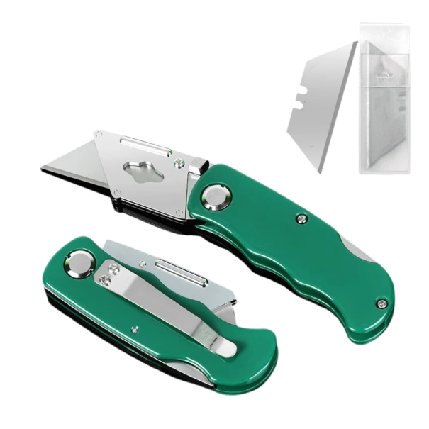 Navaja plegable de 15 cm con hoja intercambiable Navaja pequeña de trabajo con 6 hojas de repuesto Cuerpo metálico Cutter para cartón Taller Hobby Aire libre verde