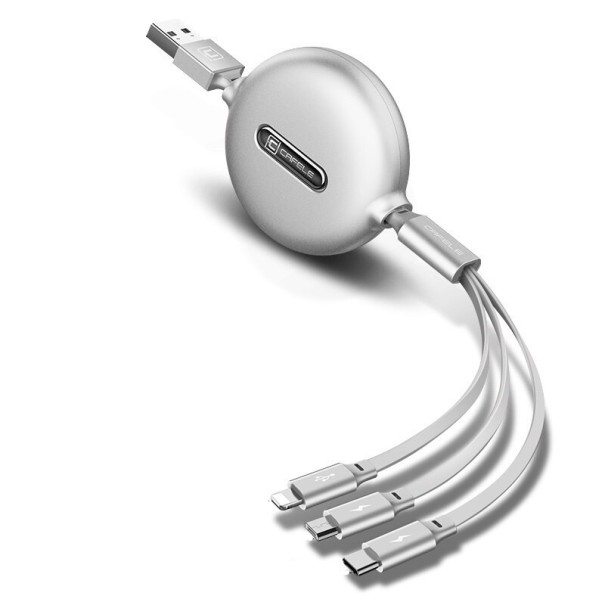 Navíjací USB kábel Lightning / Micro USB / USB-C strieborná