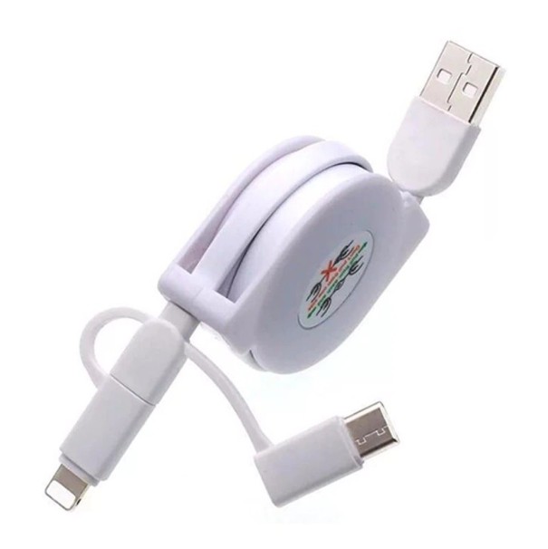 Navíjecí datový kabel USB na Micro USB / USB-C / Lightning bílá
