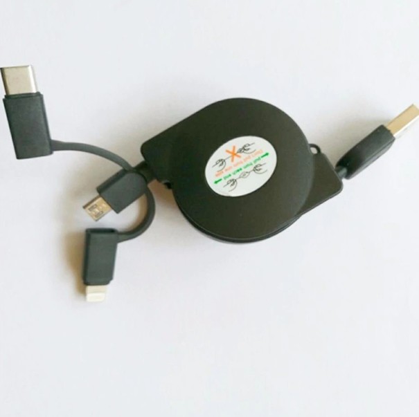 Navíjecí datový kabel USB na Micro USB / USB-C / Lightning černá