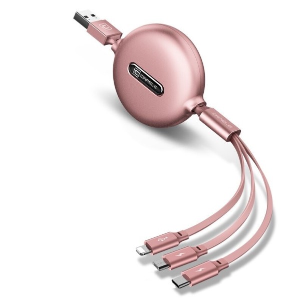 Navíjecí USB kabel Lightning / Micro USB / USB-C růžová