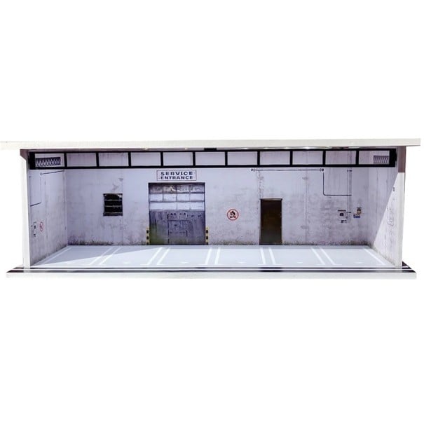 Näyttelydiorama autotalli 30 x 13,5 x 10 cm Mittakaava 1:64 Huoltotila teknisellä sisäänkäynnillä Mallinnusvitriini Pysäköintikohtaus autojen 1