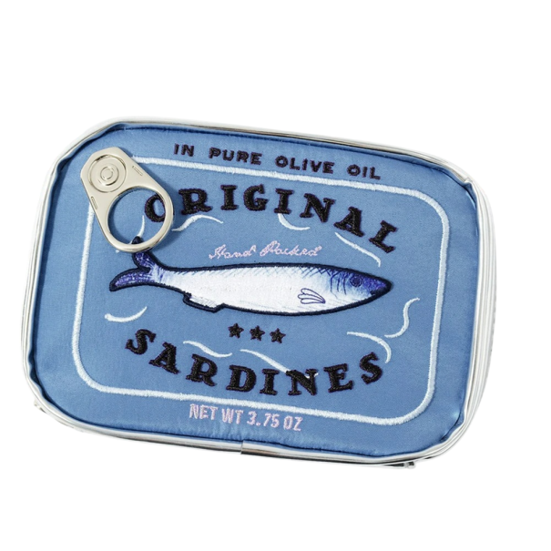 Neceser de cosméticos sardinas enlatadas 17,5 x 11,5 x 4,5 cm Bolso de viaje para mujer de PU con cremallera Neceser de baño creativo y adorable para vacaciones azul