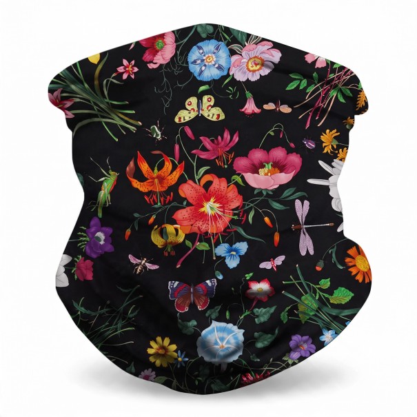 Neck Gaiter and Scarf with Print of Colourful Flowers, Butterflies and Dragonflies in Black for Cycling, Hiking and Sports Unisex 1