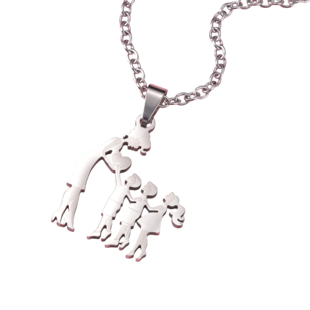 Necklace with Pendant Mother with 2 Sons and Daughter Elegant Gift from Stainless Steel Family Symbol Jewellery Decoration for Women silver