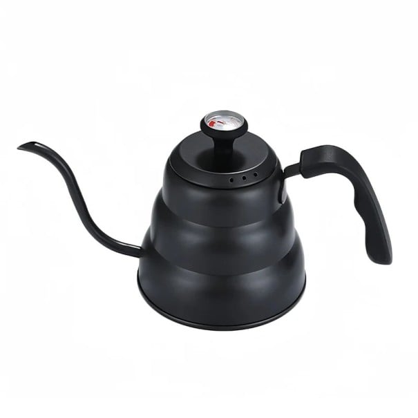 Nerezová konvice na kávu s teploměrem dlouhé hrdlo 1 l nerezová ocel konvice pro přesné nalévání a ohřev na otevřeném ohni černá