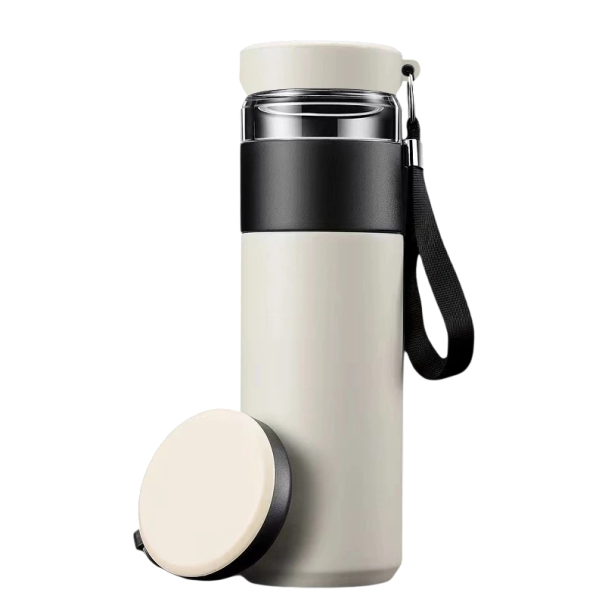 Nerezová láhev na čaj s infuzérem 500 ml vakuová termoska 22 x 6,8 cm izolovaná cestovní láhev na sypký čaj s poutkem bílá