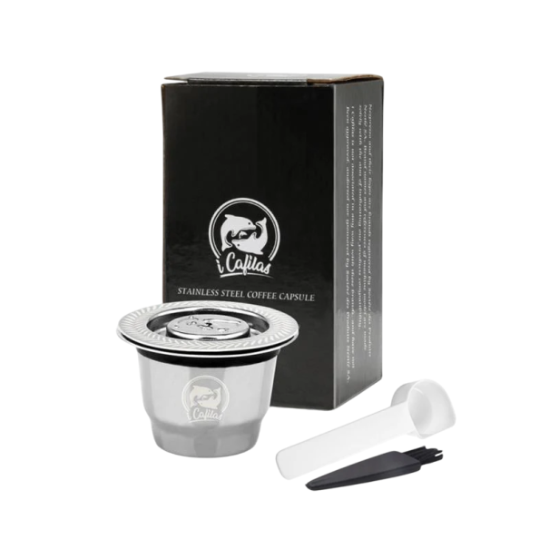 Nerezová opakovaně použitelná kapsle na mletou kávu do Nespresso s kovovou lžičkou a čisticím kartáčkem Ekologická alternativa kapslí 1