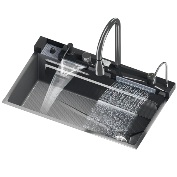 Nerezový kuchyňský dřez 75 x 45 cm s vodopádovým efektem vytahovací hlavicí 3 typy střiku umývačem skleniček a dávkovačem saponátu černý 1
