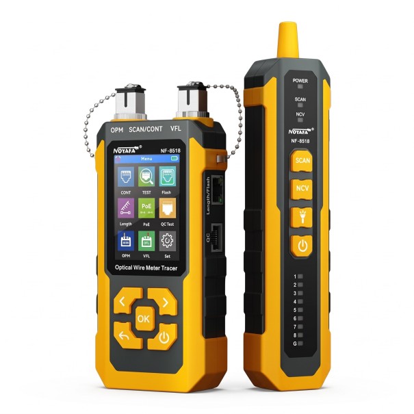 Netwerkkabeltester en kabelzoeker met lengtemeting van 5–350 m, optische vermogensmeter en VFL, RJ45 PoE, geel-zwart, voor LAN en optica 1